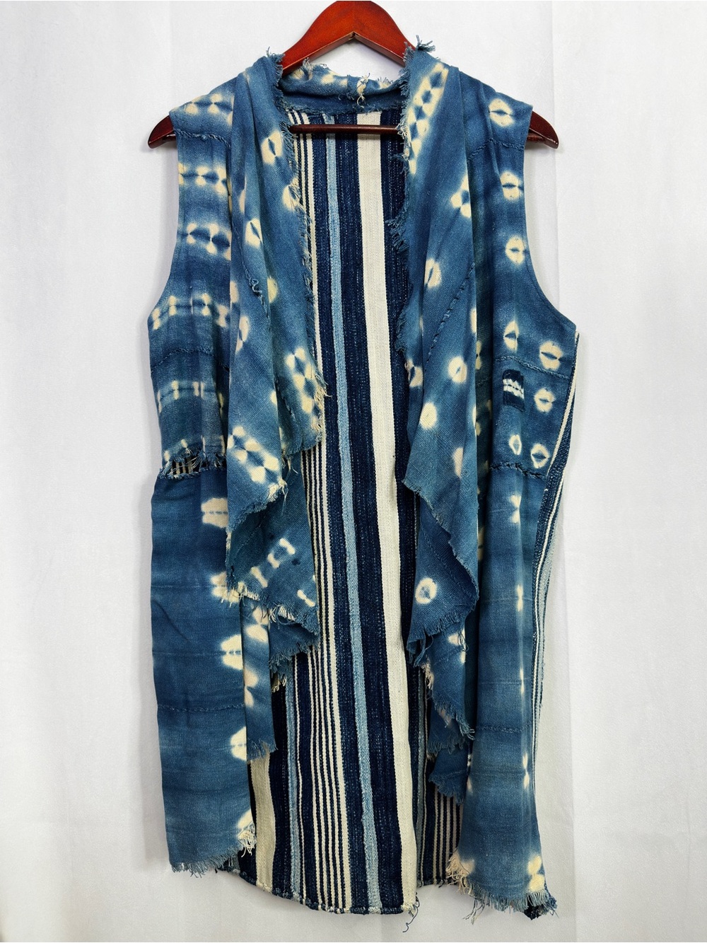Handmade Vest Cardigan Denim Fringe Distressed Renegade Remnants Blue Large